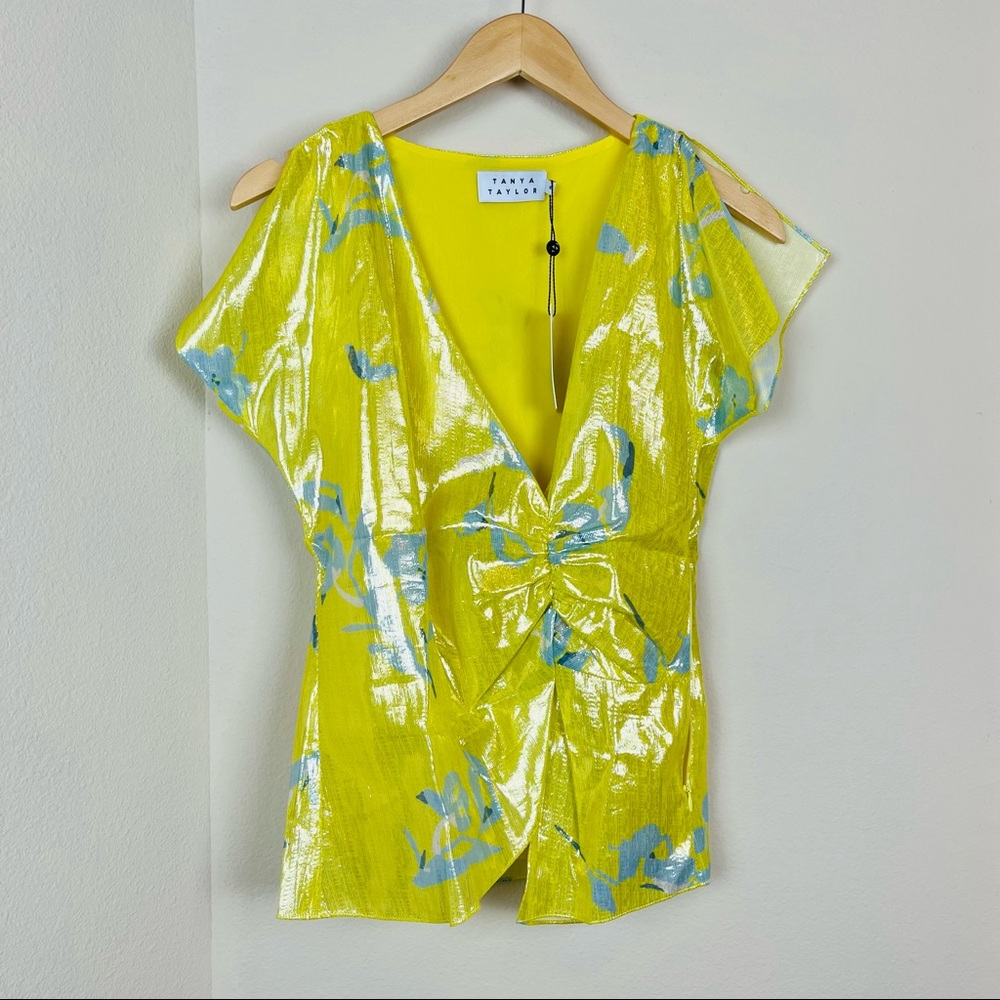 TANYA TAYLOR Yellow Floral Metallic Degrade Asymmetrical Blouse Top 6 Silk